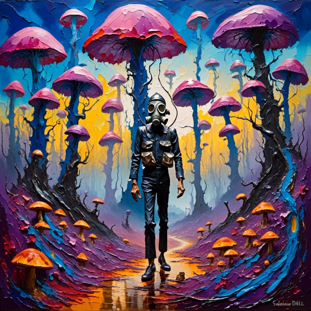 Surreal Gas Mask in Glowing Mushroom Forest
