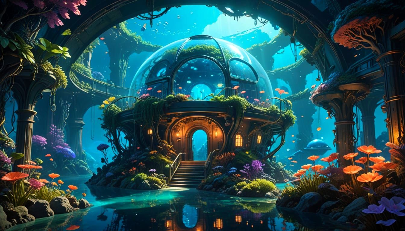 Utopian Underwater City with Bioluminescent Plants