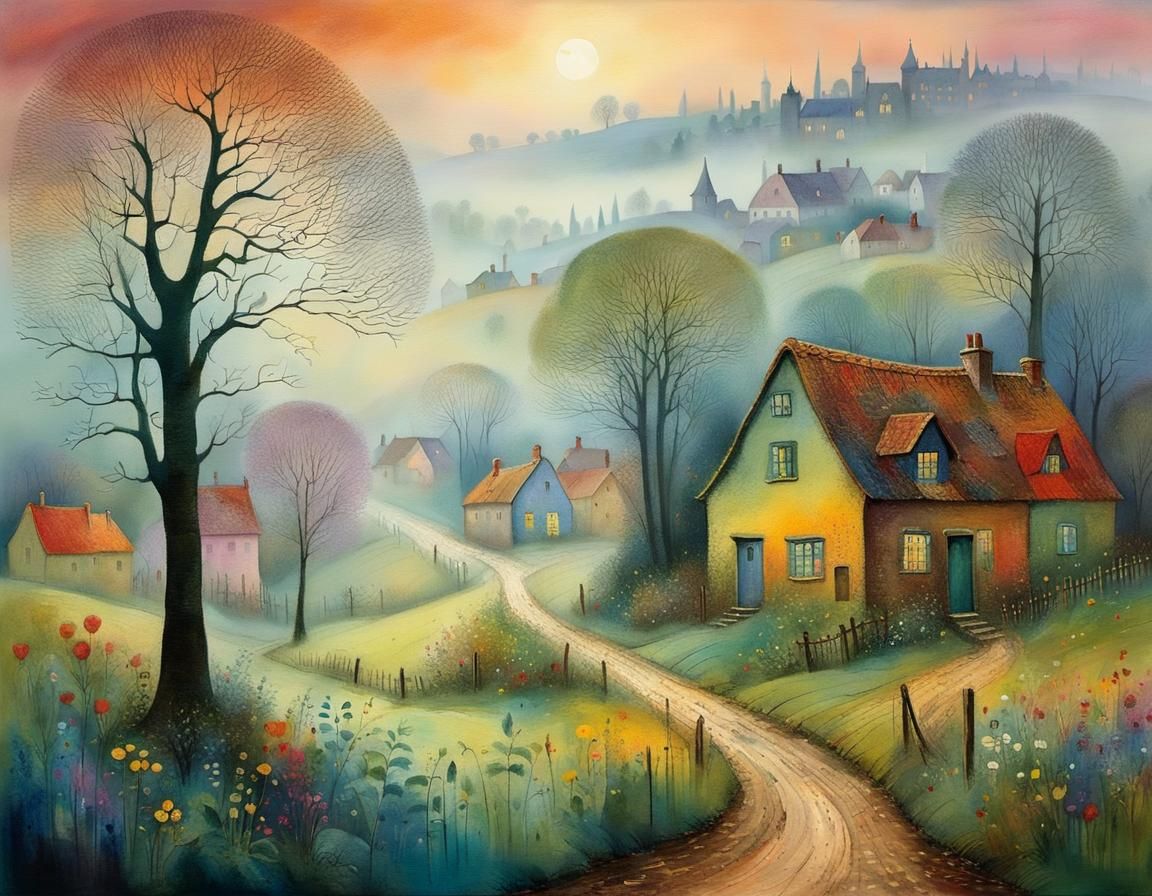 Foggy Village Twilight Walk in Whimsical Illustration Style