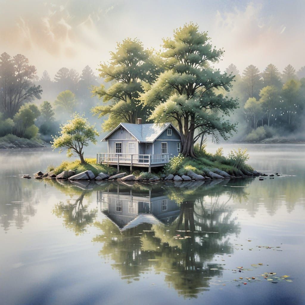 Ethereal Watercolor Lakeside Cottage at Dawn