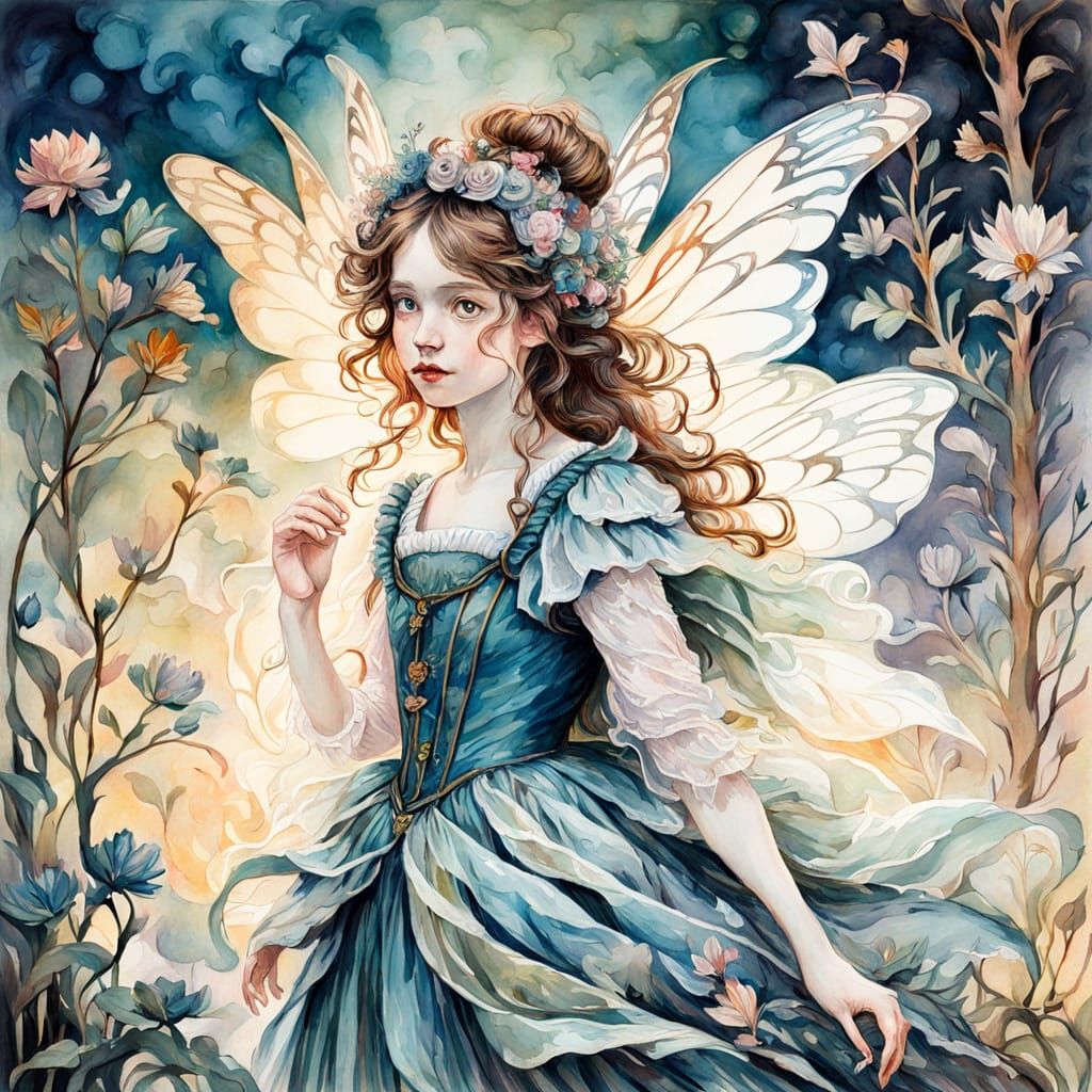 Victorian Fairy Portrait in Gouache Style