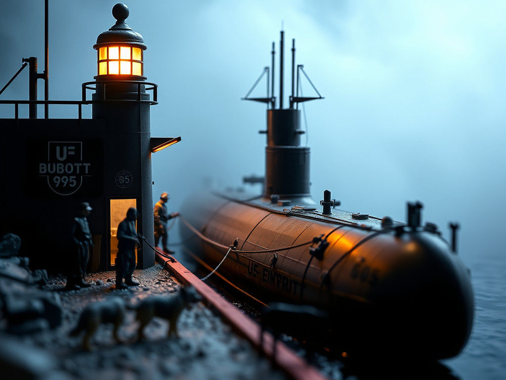 Miniature German U-Boat Base in Cinematic Lighting