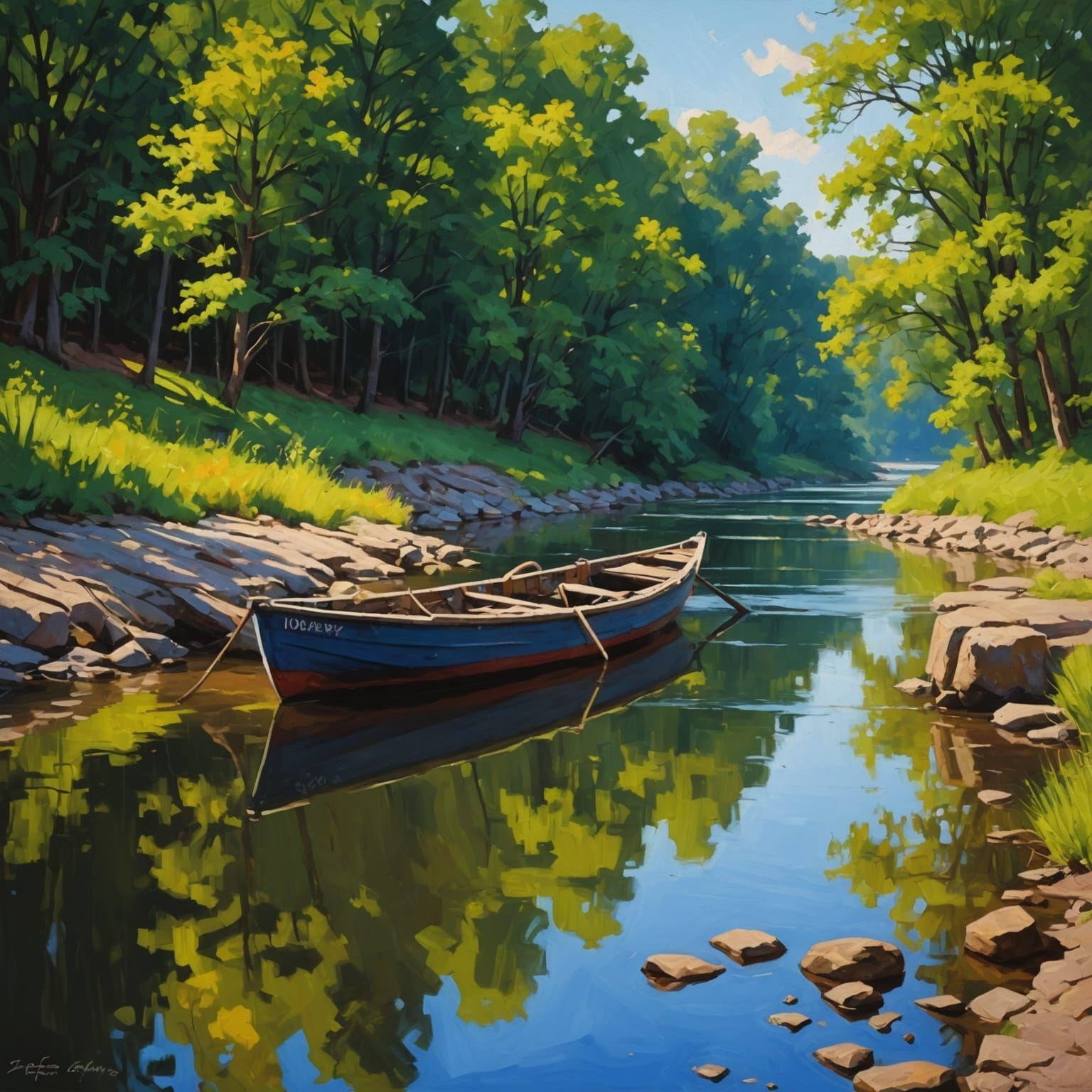 Riverside Scene in Oil Painting Style
