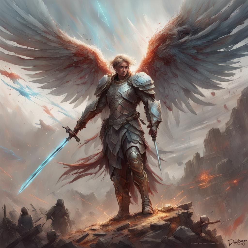 Angelic Warrior Overlooking Battlefield, Detailed Digital Ar...