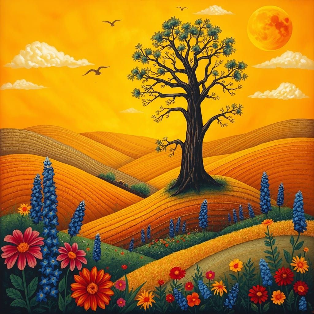 Romantic Folk-Art Landscape with Majestic Tree and Wildflowe...