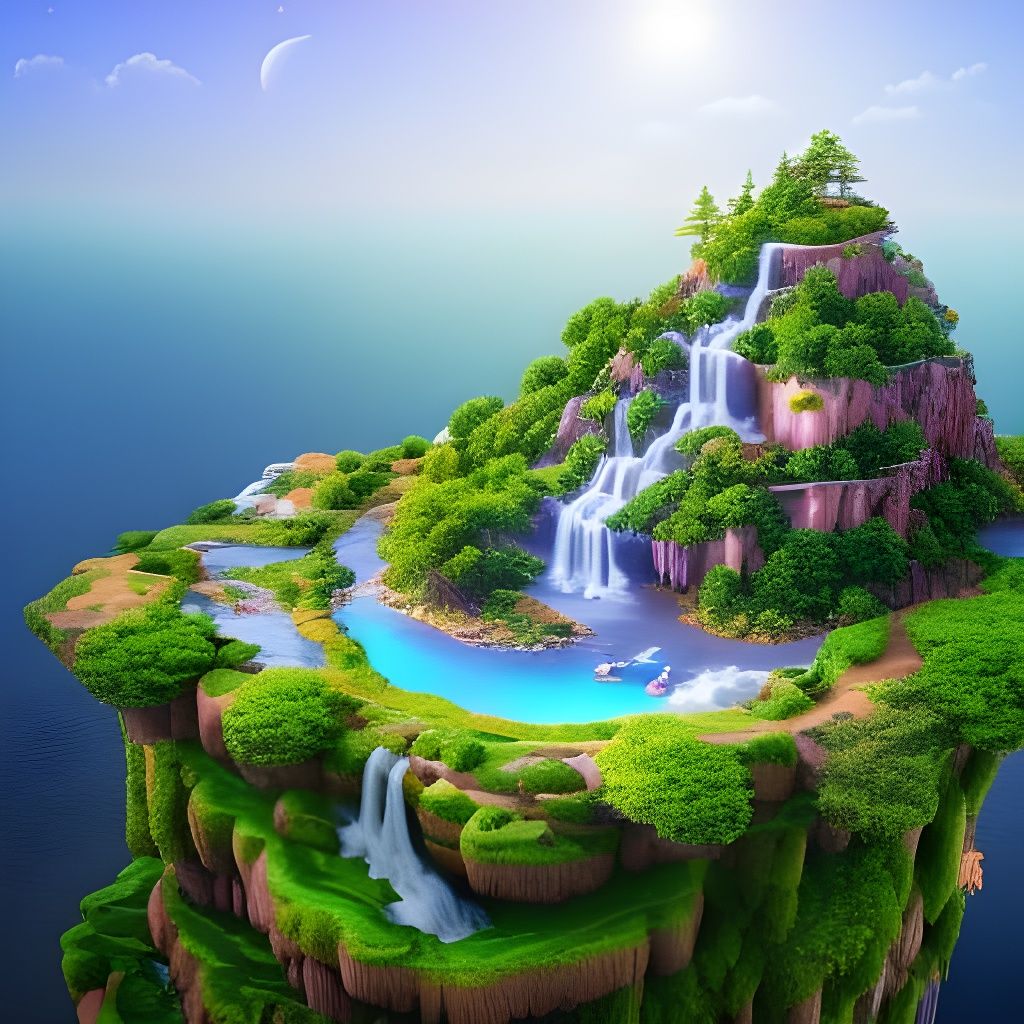 Isometric Floating Island with Village, 3D Render