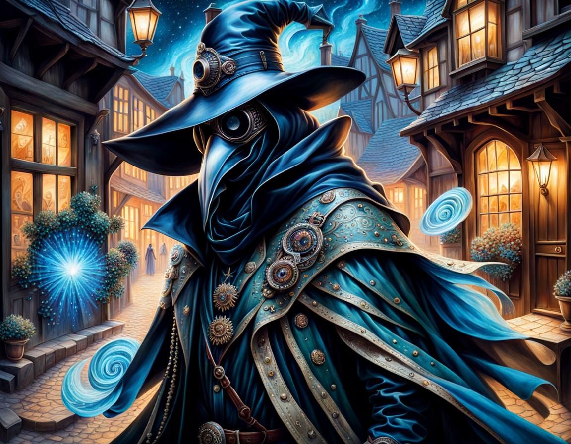 Plague Doctor in Bioluminescent Medieval Village