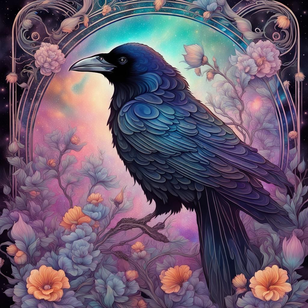 Art Nouveau Raven with Flowers Illustration