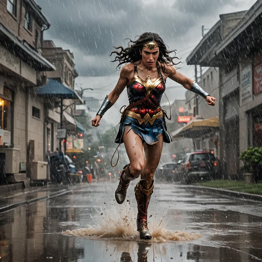 Wonder Woman Deflecting Bullets in the Rain