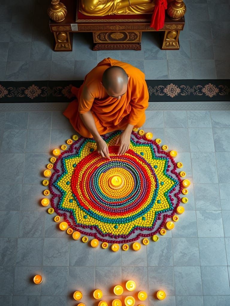 Monk Creates Rainbow Mandala in Buddhist Temple