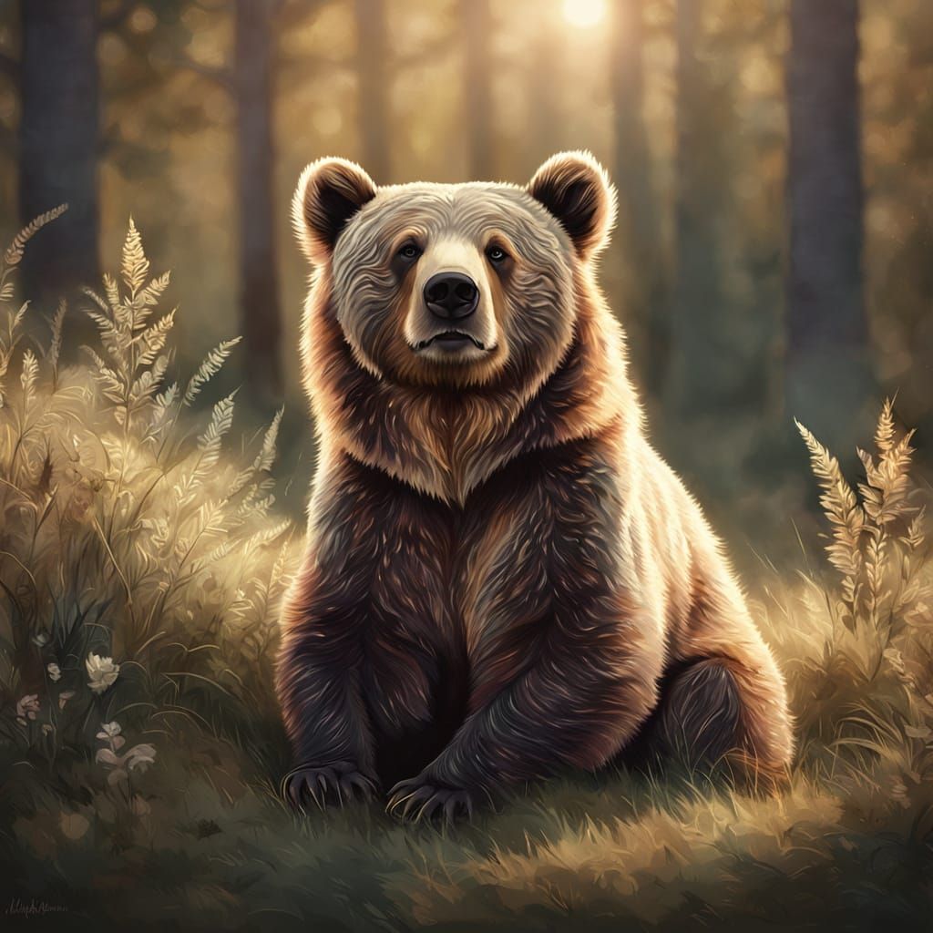 Whimsical Wildlife Illustration of a Baby Grizzly Bear in Go...