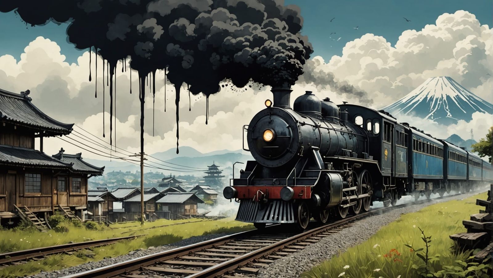 Ink Splatter Train Through Japanese Village