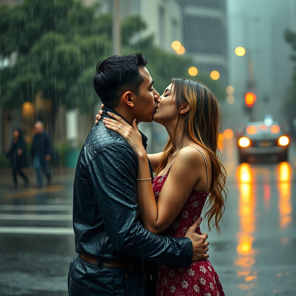 Couple Kissing in Downpour, Hyperrealistic Cinematic Style