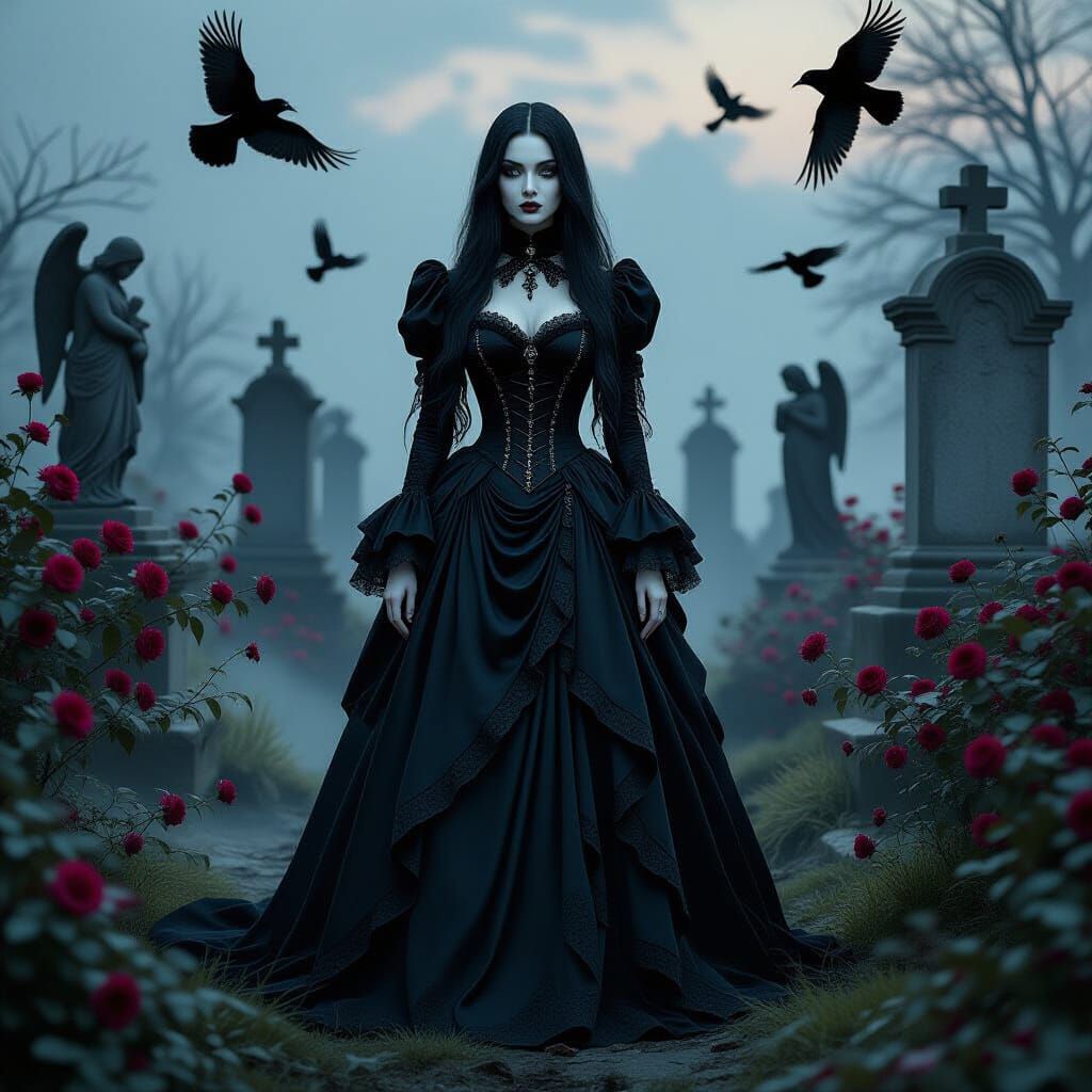 Gothic Woman in Graveyard with Victorian Gown