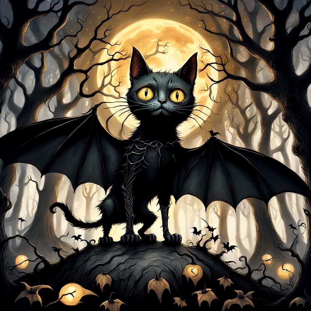 Cat-Bat Hybrid in Whimsical Forest, Tim Burton Style