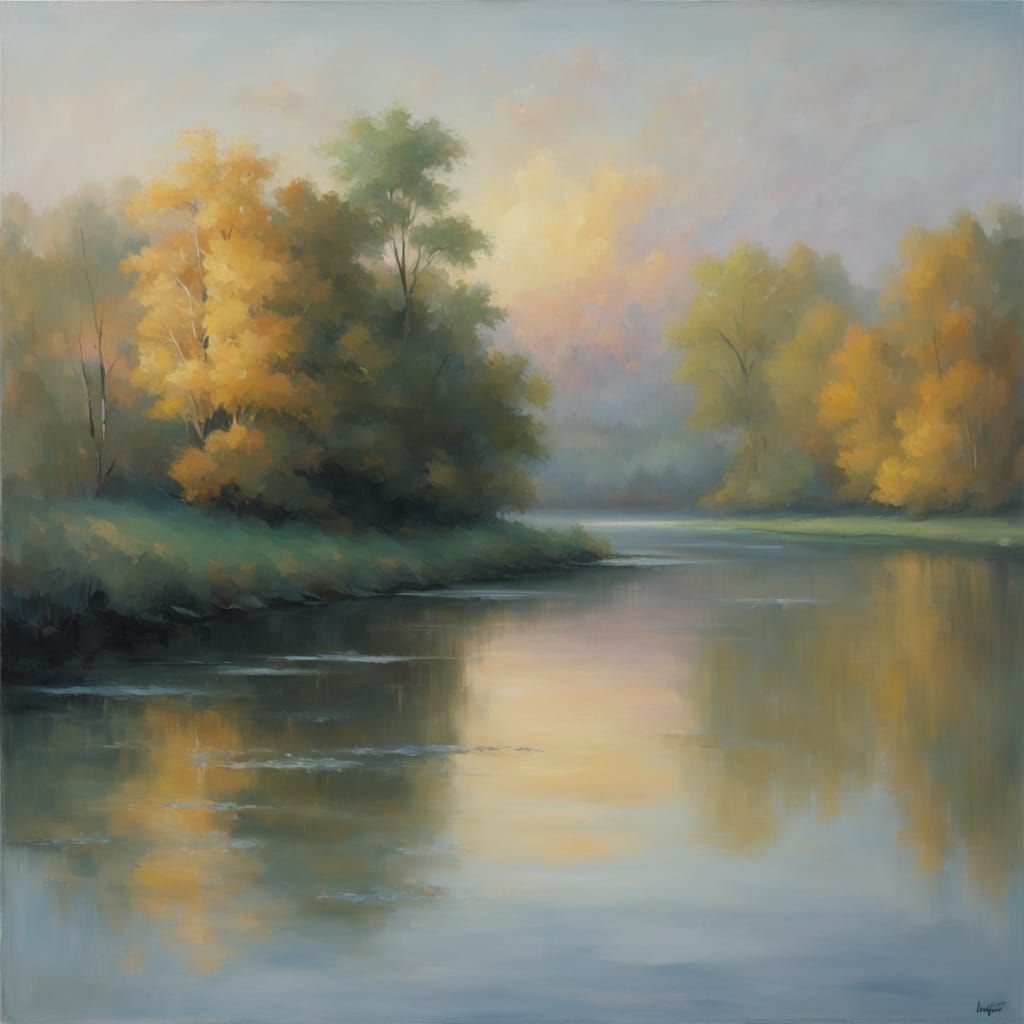 Romantic Sunset Riverbank Landscape Oil Painting