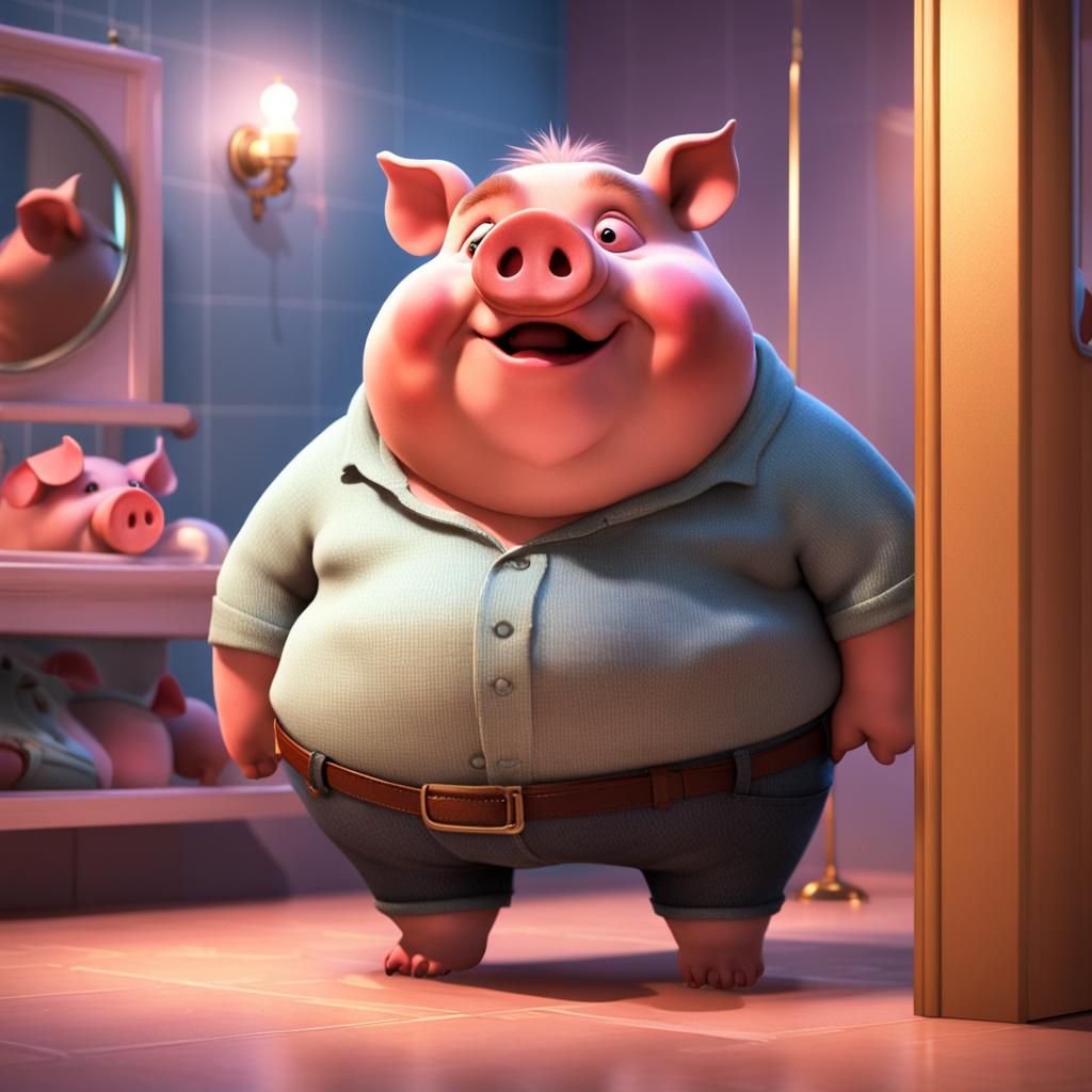 Sad Piglet in Fitting Room: Pixar-Style 3D Render