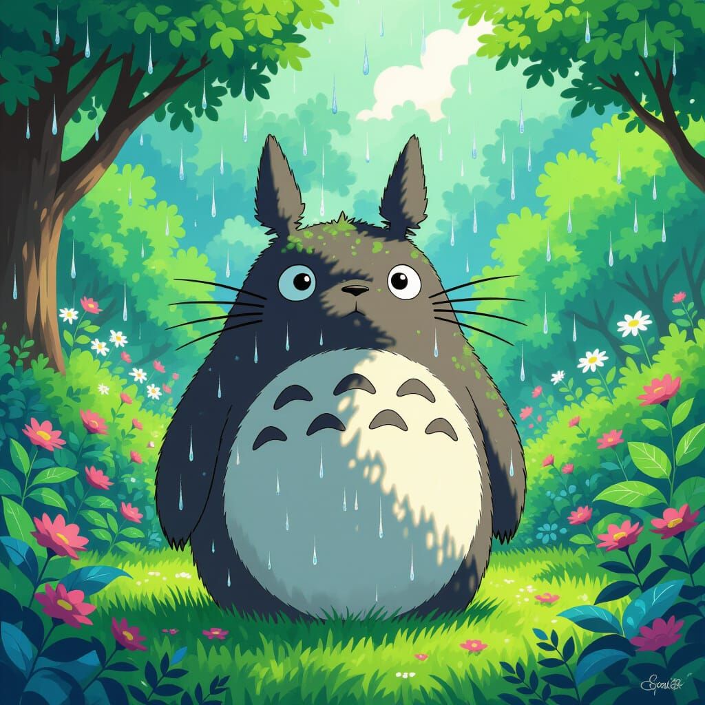 Totoro in Lush Garden: Ghibli-Inspired Fantasy Art