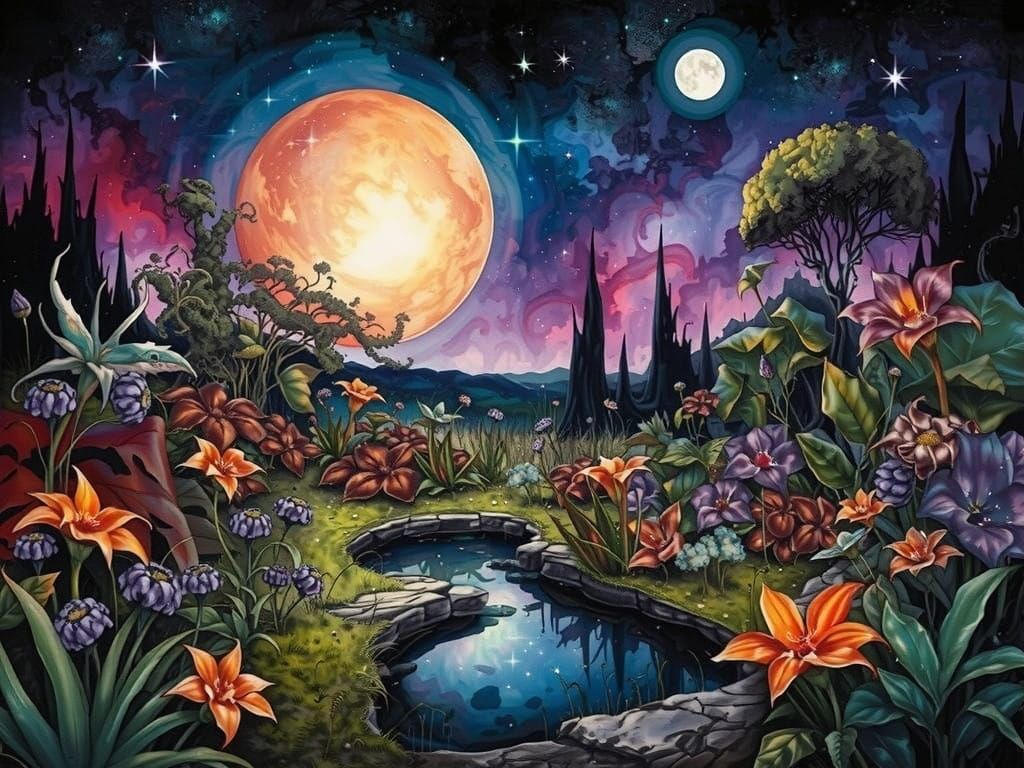 Ethereal Garden of Shattered Stars in Modern European Ink Pa...