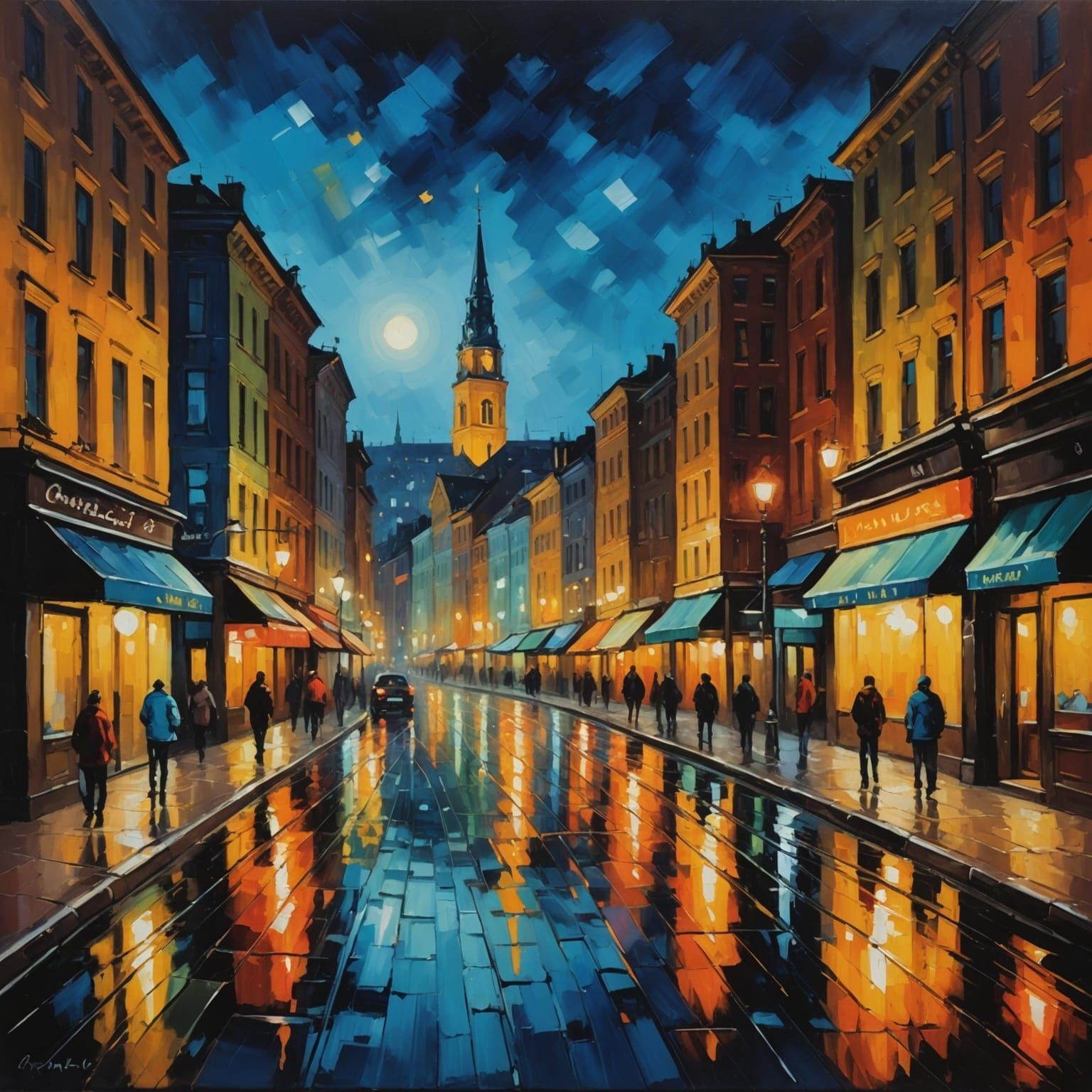 Cityscape at Night as Oil Painting