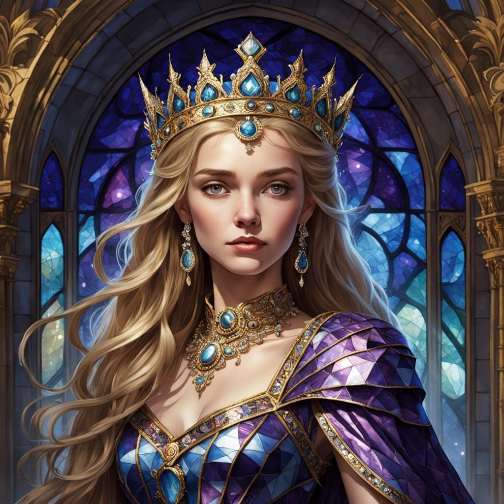 Queen in Iridescent Glass Gown, Cathedral Window Style