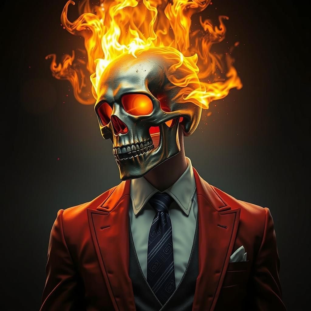 Flaming Skull Man in Suit, High-Fantasy Art