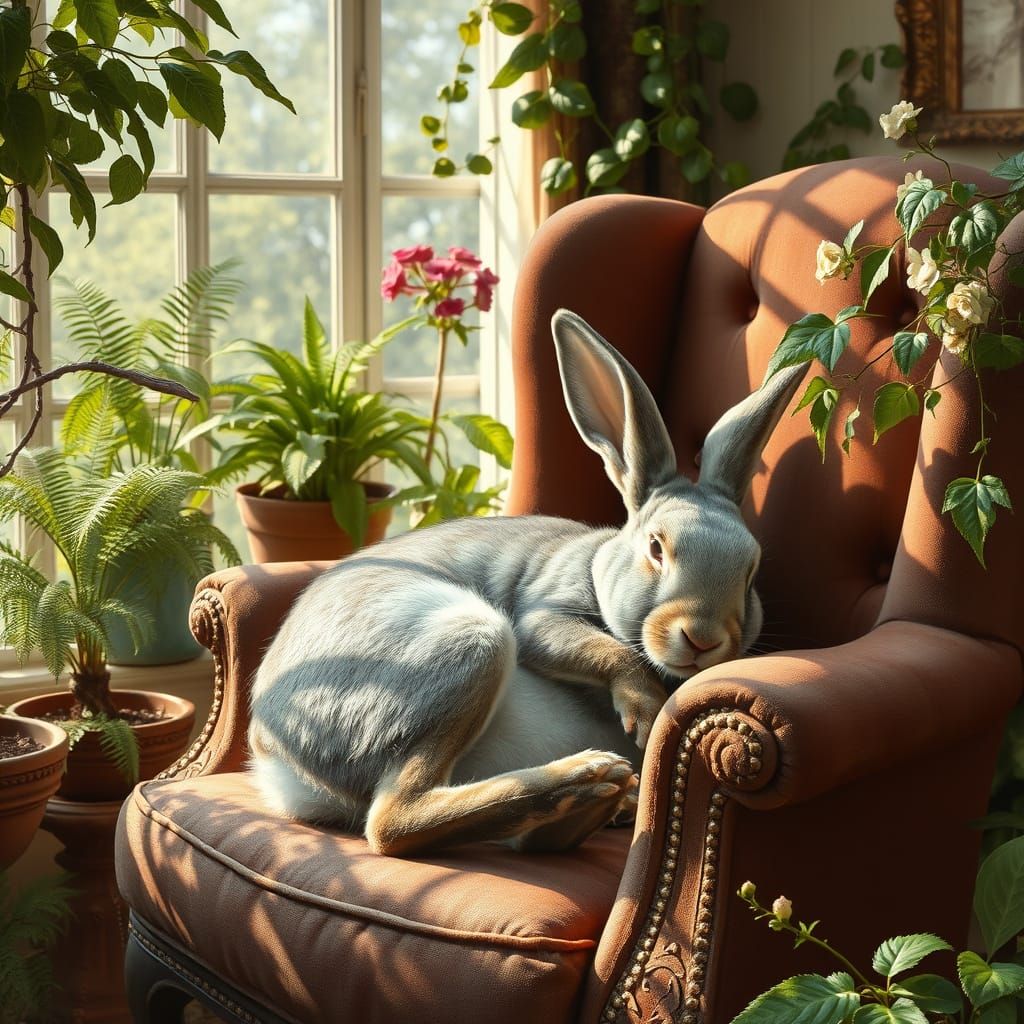 Flemish Giant Rabbit Asleep in Conservatory Armchair