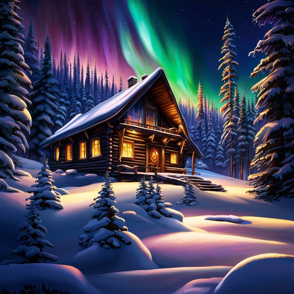 Snowy Cabin Under Northern Lights: Photorealistic Fantasy Ar...