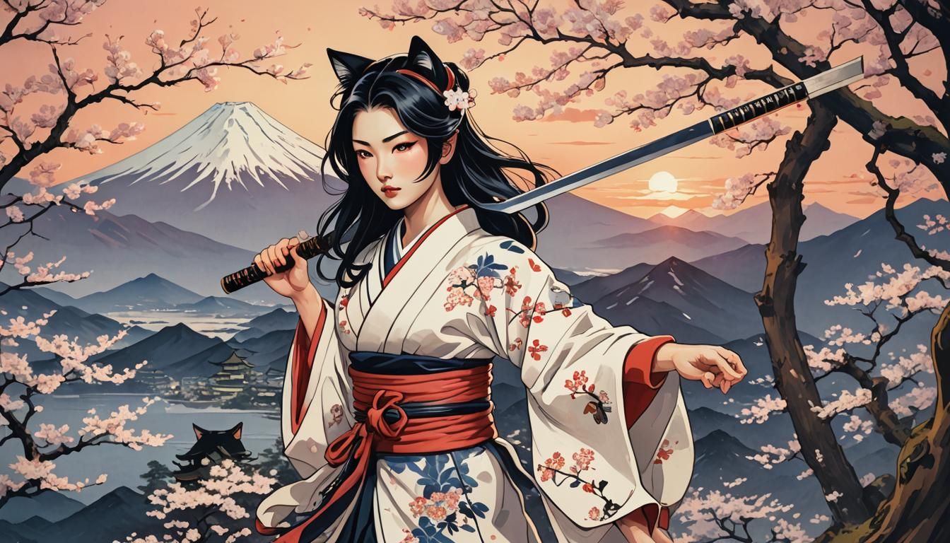 Japanese Girl with Samurai Saber in Ukiyo-e Style