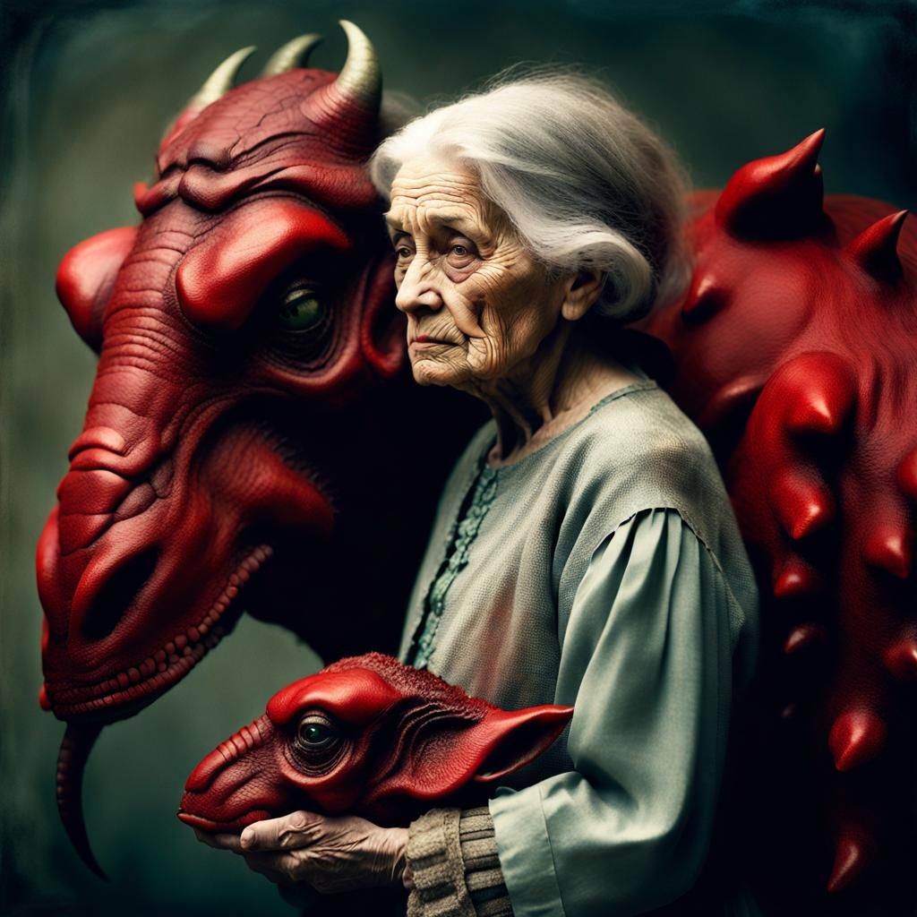 Eerie Close-Up: Old Woman Holding Red Beasts