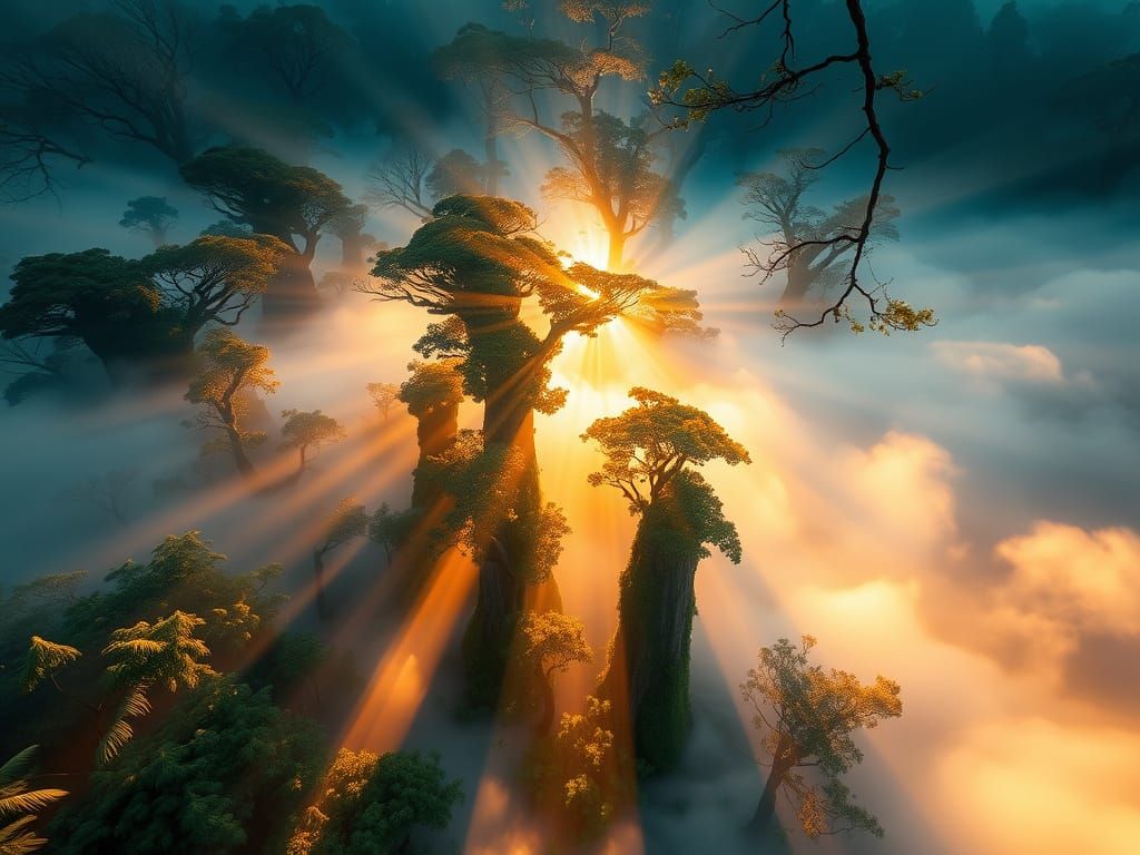 Thai Landscape Unfolds at Dawn, Trees Emerging from Fog in G...