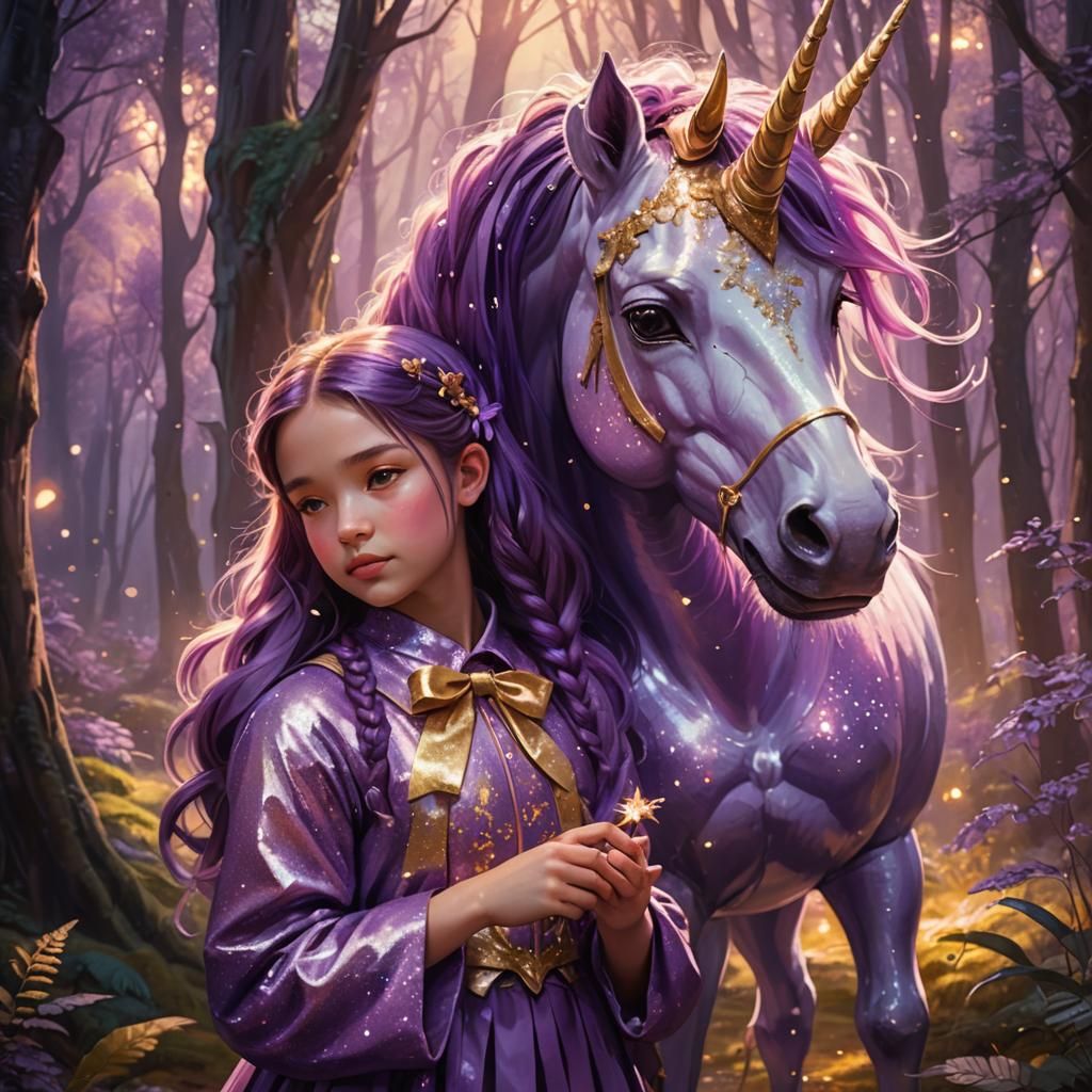 Girl with Unicorn in Whimsical Forest, Art Nouveau