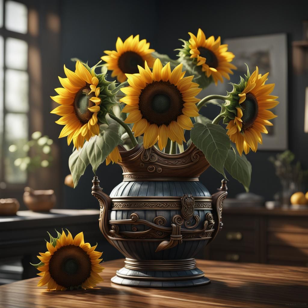 Hyperrealistic Sunflowers in Pirate Ship Vase
