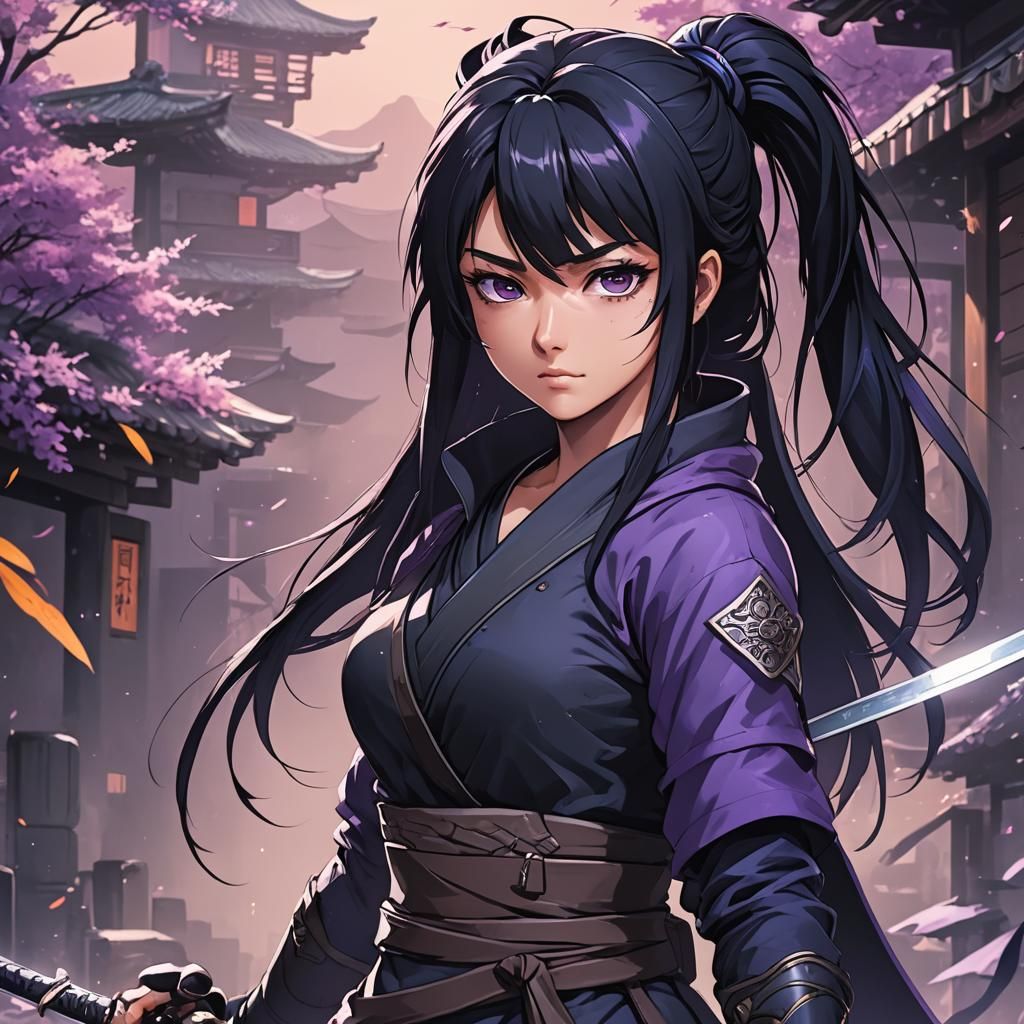 Beautiful Ninja with Purple Eyes in Anime Style