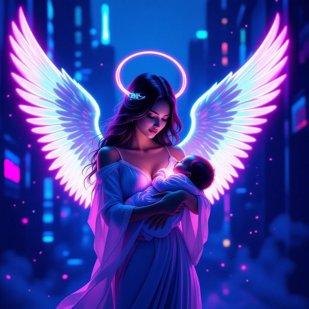 Neon Angel Holding Glowing Baby in Cyberpunk City