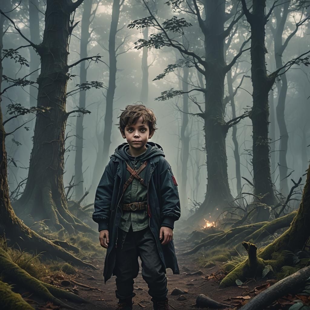 Eerie Child in Foggy Forest: Detailed Matte Painting