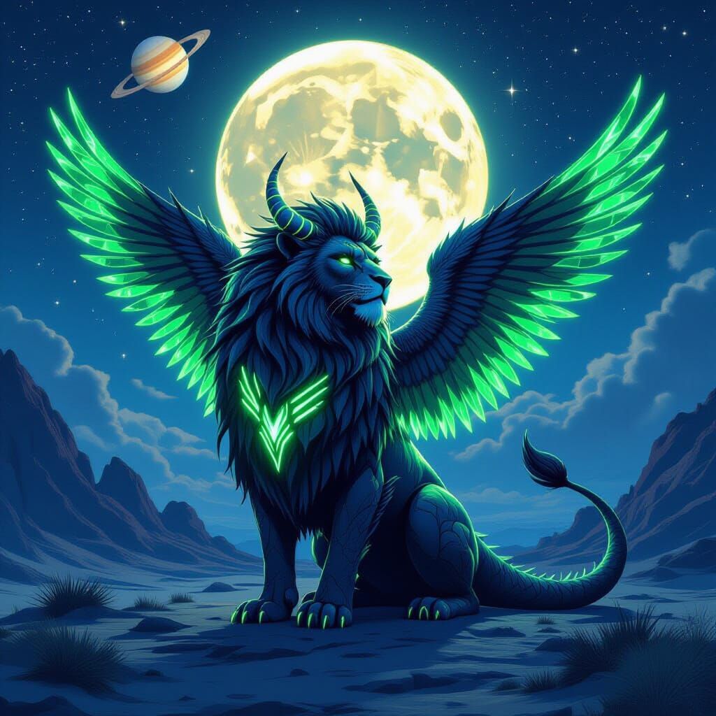 Lion Dragon with Angel Wings on Moon Landscape