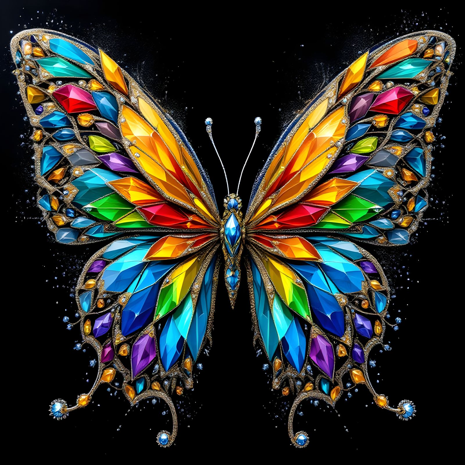 Ornate Butterfly Digital Art with Faceted Crystals