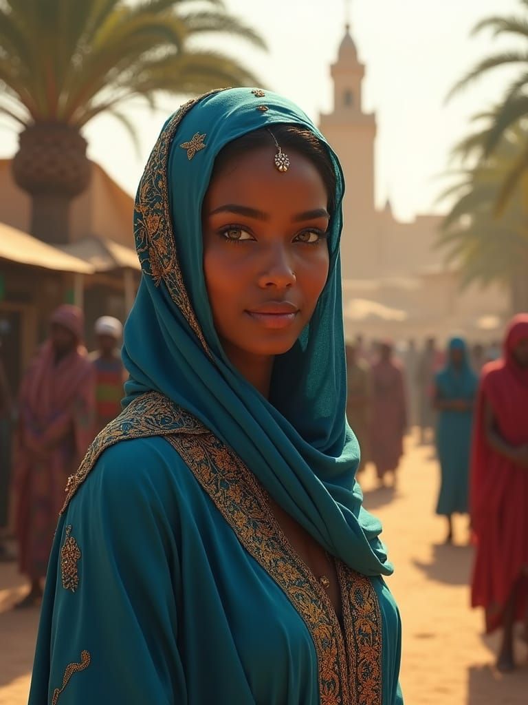 Touareg Beauty in Vibrant Blue Robe with Golden Embroidery