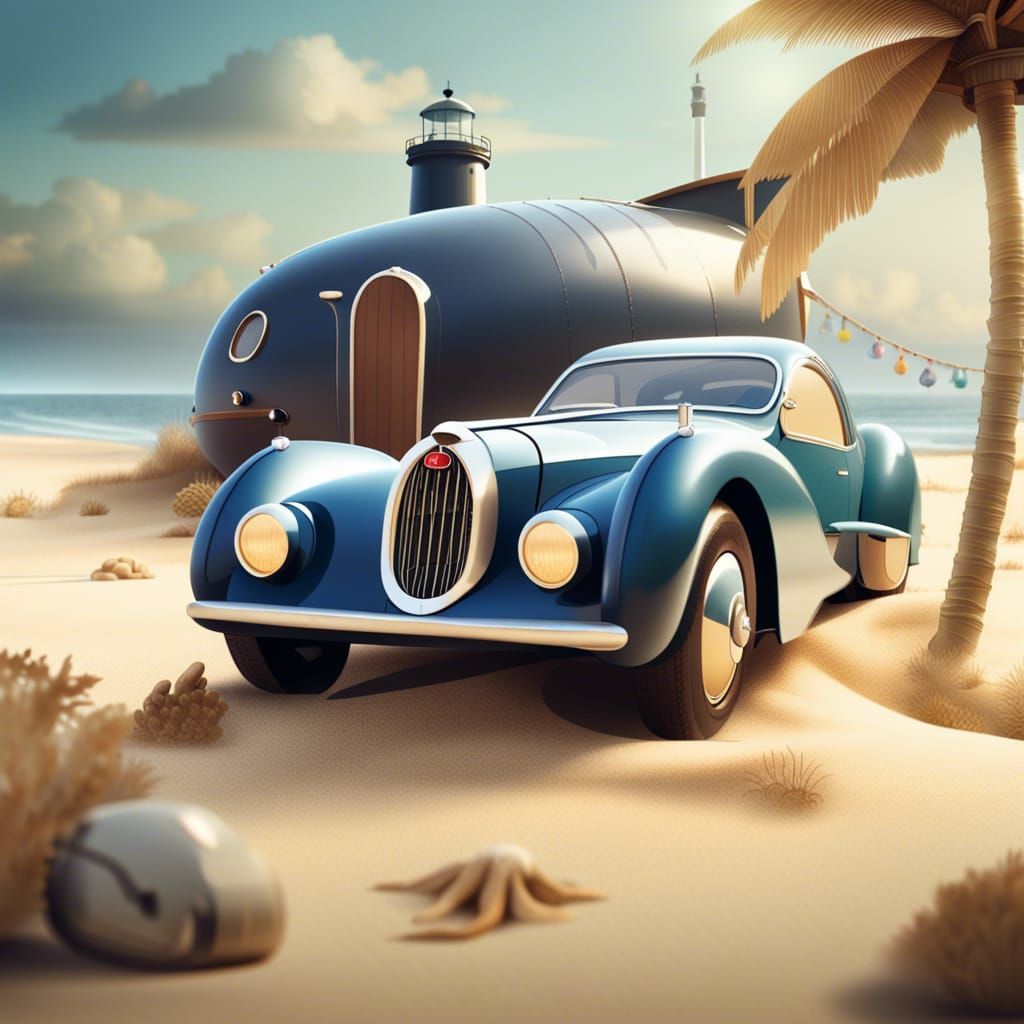 Bugatti Type 57 Atlantic on Beach, Storybook Illustration