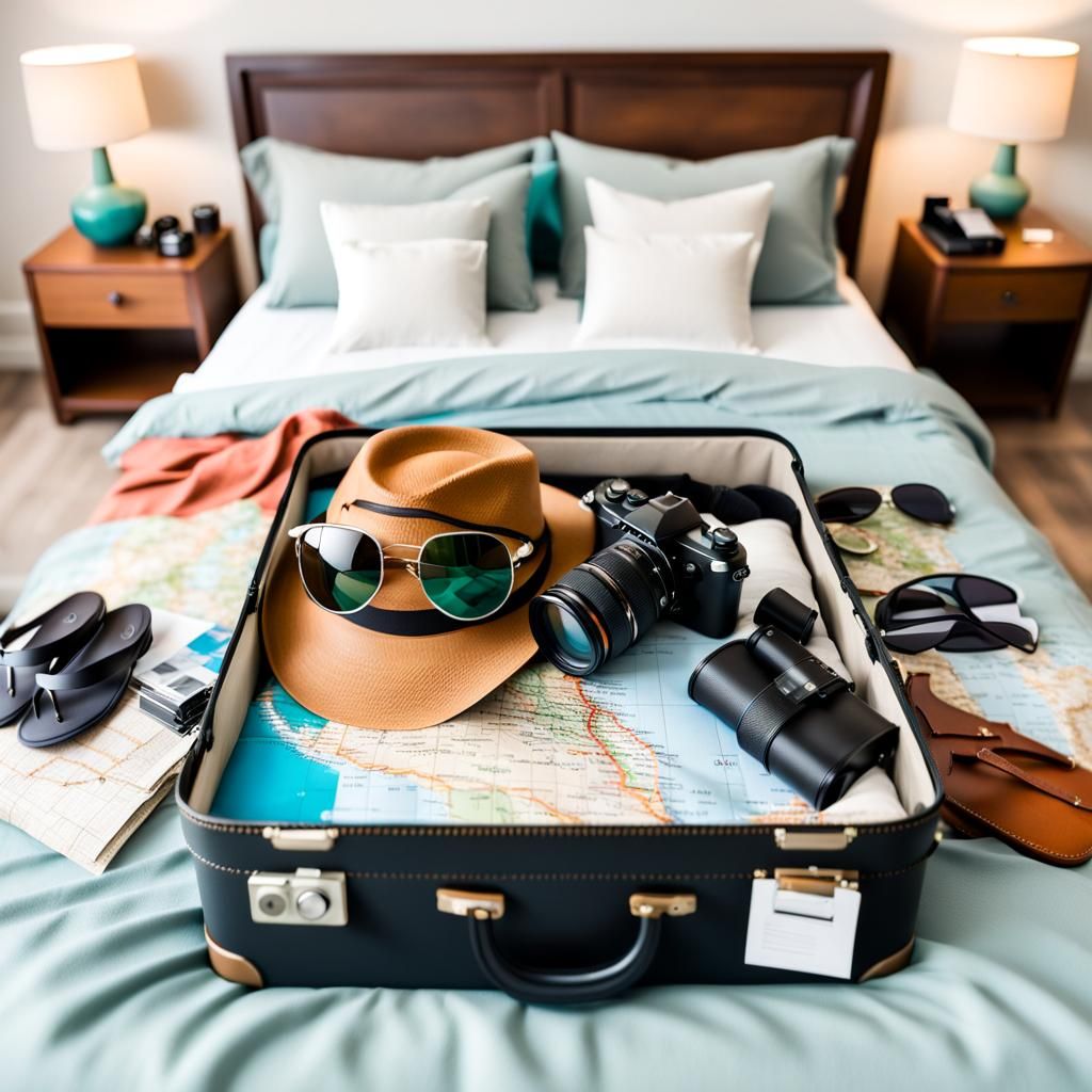 Open Suitcase with Travel Items on Bed