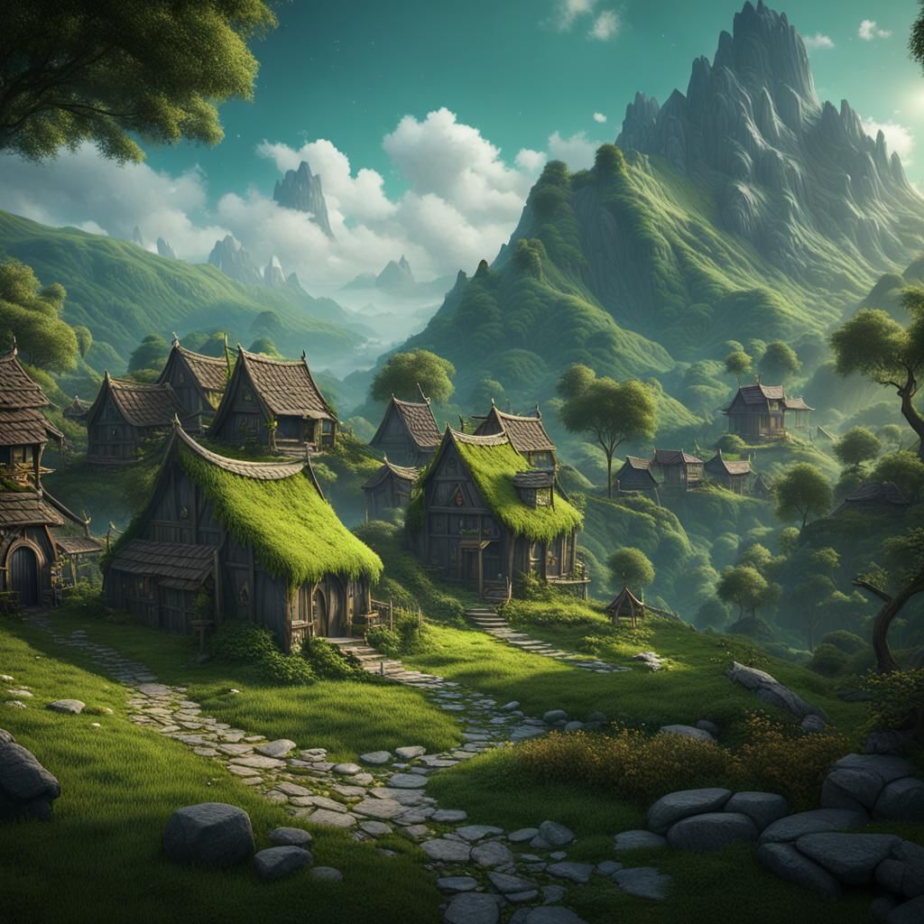 Lush Green Village in the Mountains