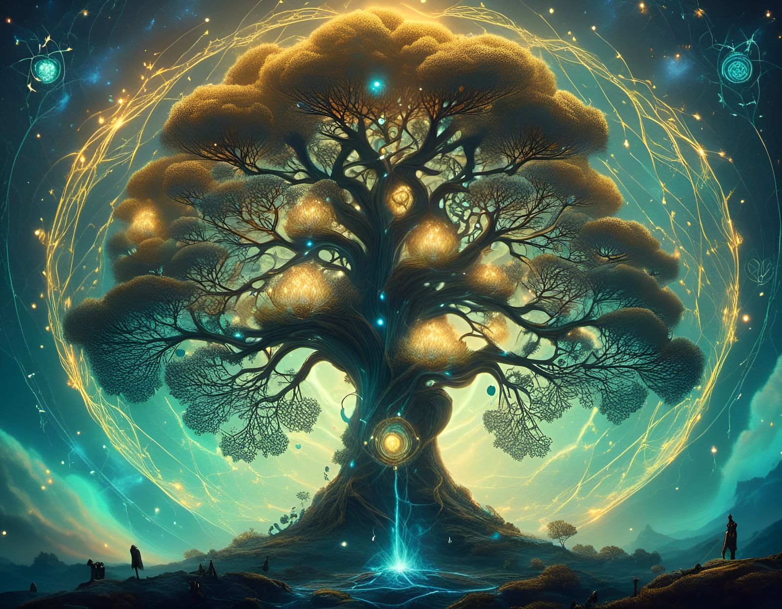 Bioluminescent Yggdrasil Under the Aurora Borealis