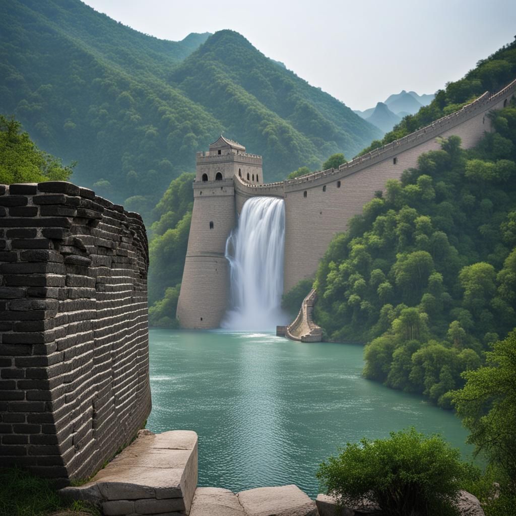 Surreal Great Wall Landscape with Waterfall