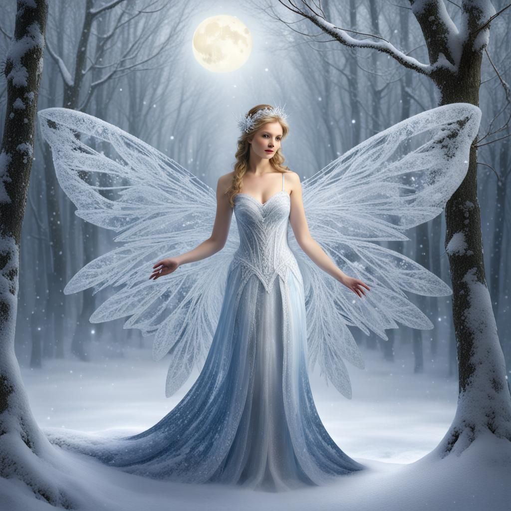 Fairy of Winter in Ethereal Snow-Covered Forest