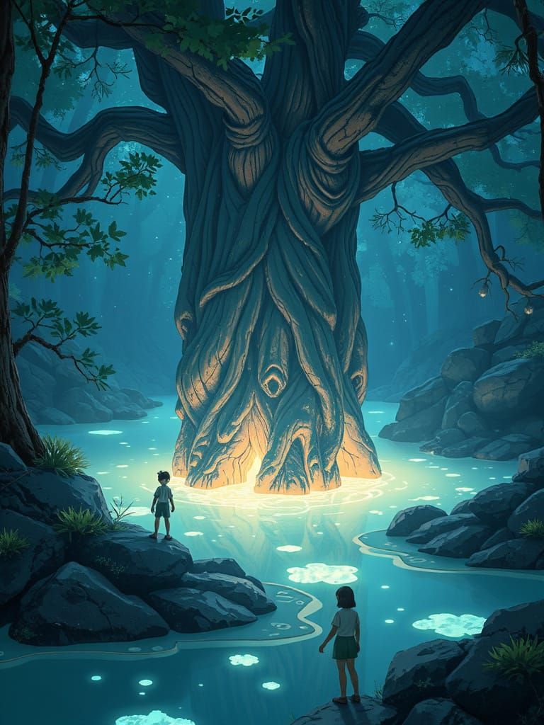 Bioluminescent Grotto Enclosed by Colossal Tree in Ghibli St...