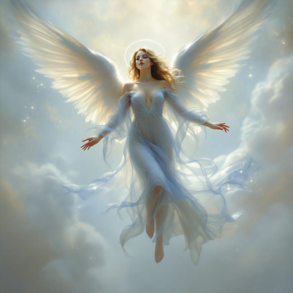 Angel Emerging from Celestial Realm in Soft Blue Light