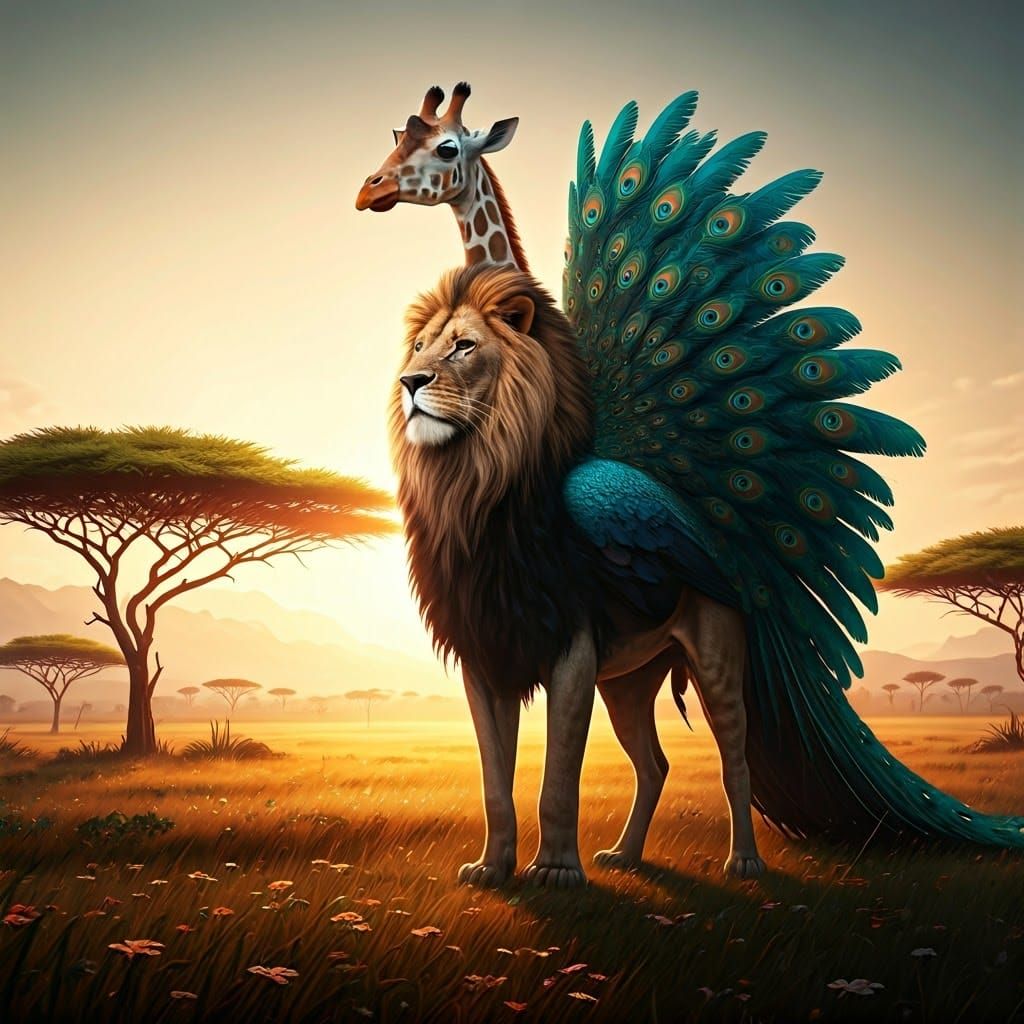 Photorealistic Hybrid Creature in Golden Savannah Landscape