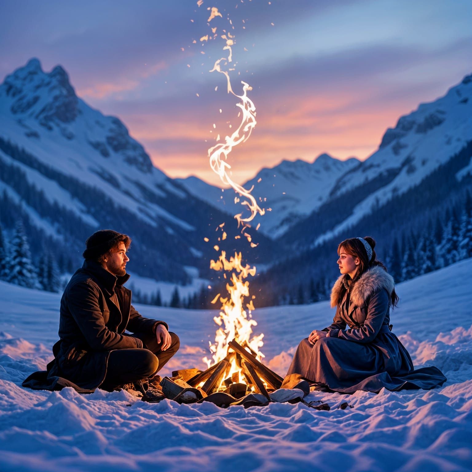 Winter Valley Fire Scene with 1800s Couple