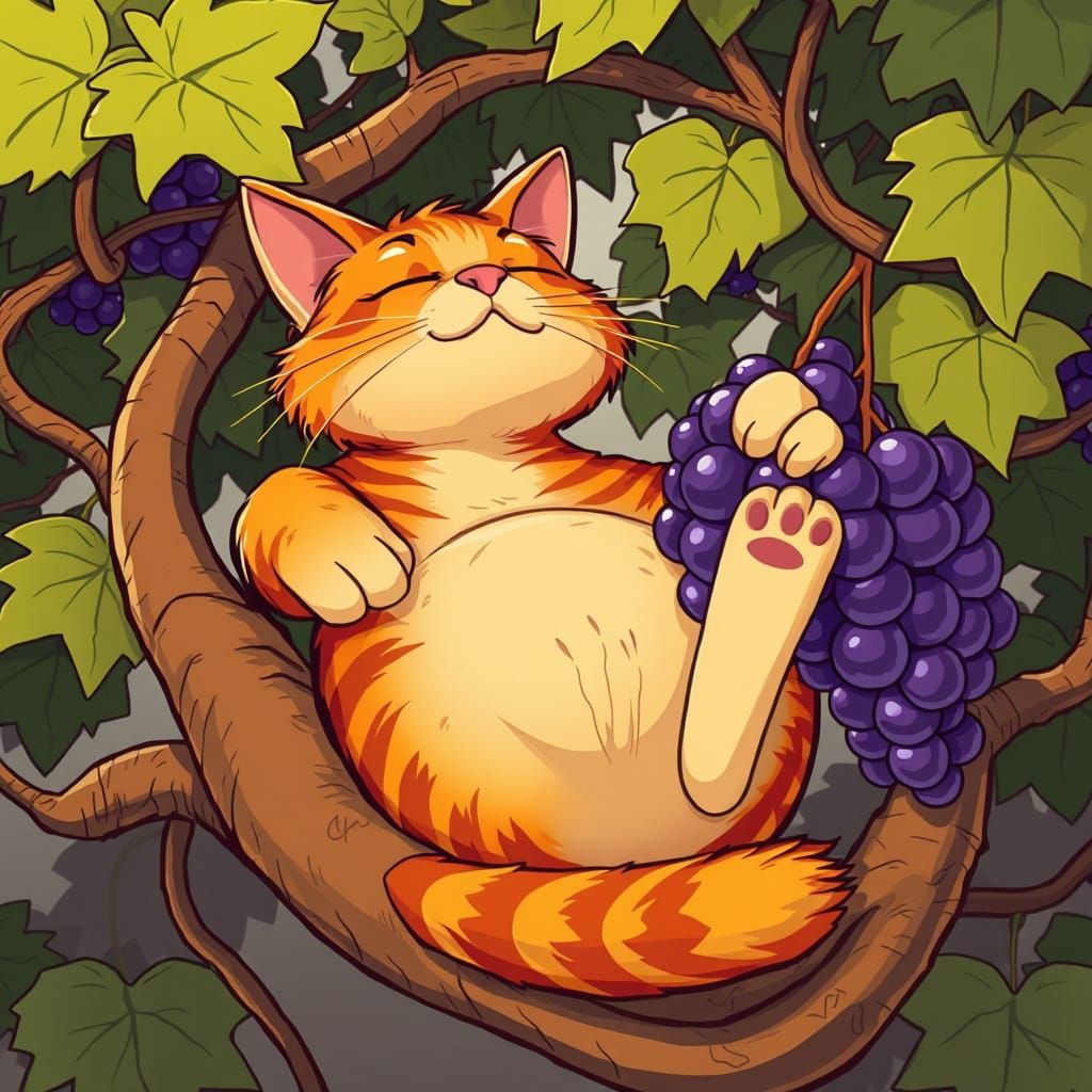 Cartoon Cat Lounging on Grapevine in Playful Style